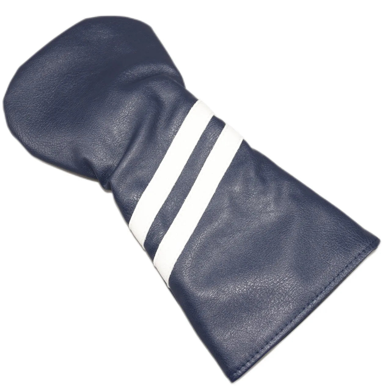PU golf club head cover with two diagonal stripes in black, shown beside a golf club