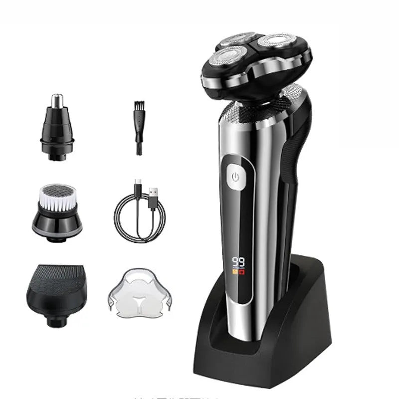 Digital USB rechargeable beard scraper with LED display and washable design on a five-in-one base bracket