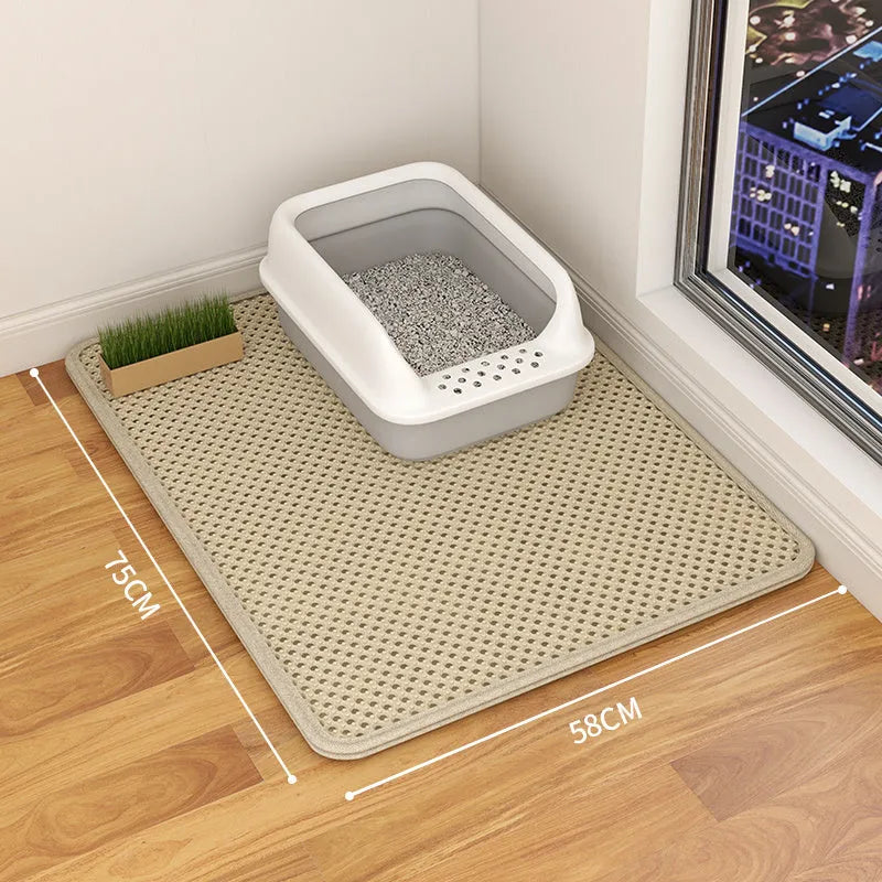 Double-layer waterproof cat litter mat in beige, showing textured fabric surface and size options.