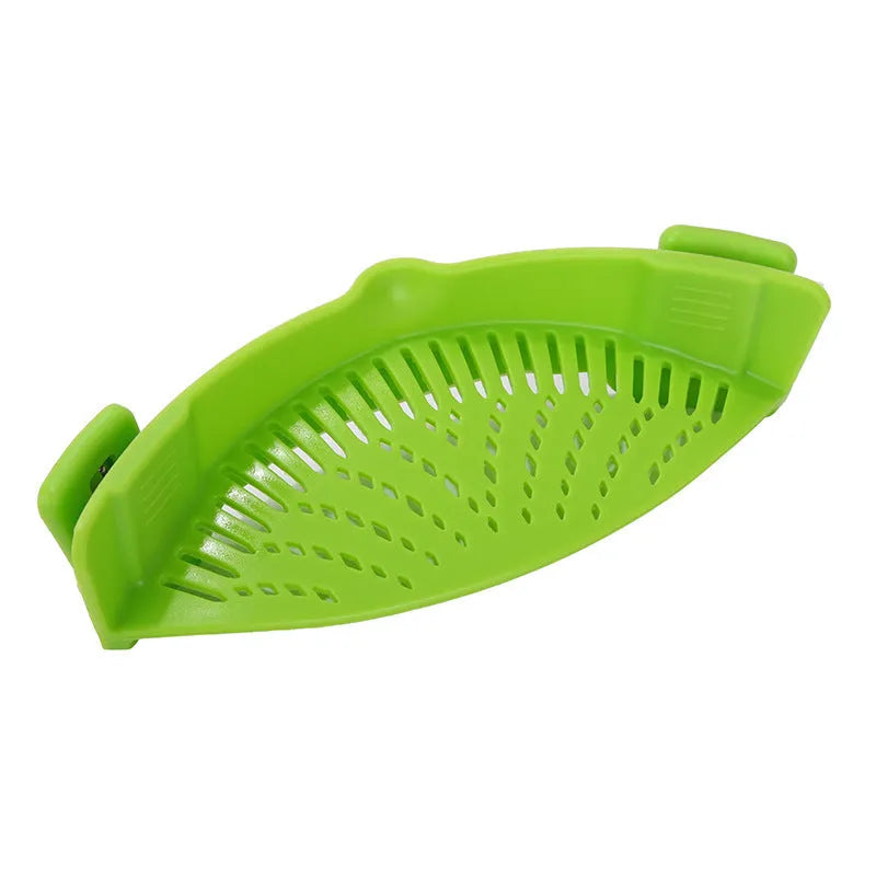 Silicone clip-on kitchen strainer with stainless steel mesh attached to pot rim for draining liquids