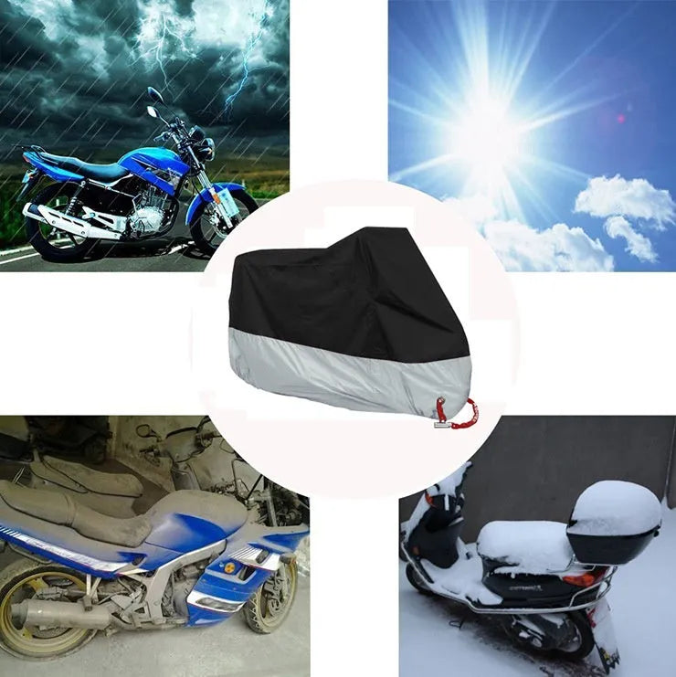 Waterproof motorcycle cover in 190T silver coated polyester, UV 50+, available in eight colours and sizes S to 4XL