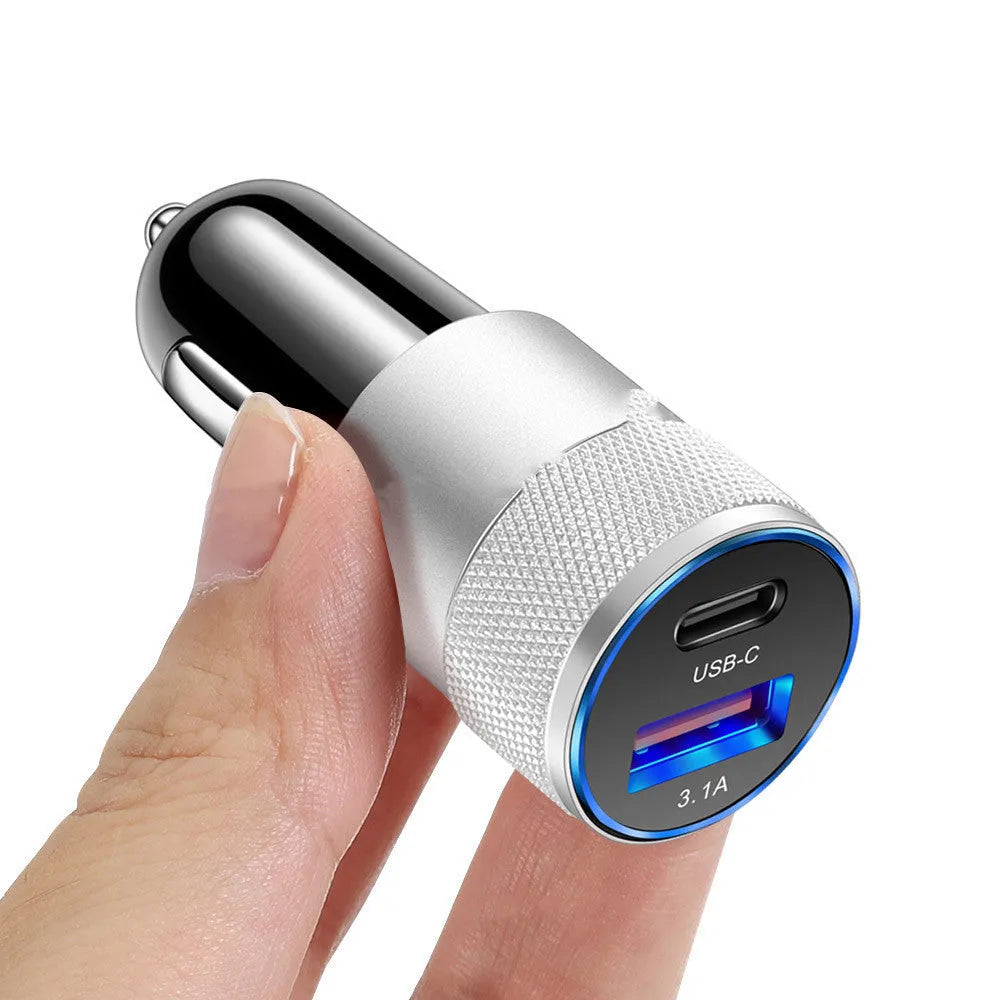 Aluminium alloy mobile phone car charger with compact 2.5cm by 6cm dimensions