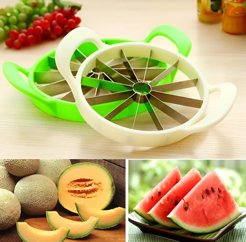 Green plastic and stainless steel melon slicer tool on a kitchen counter.