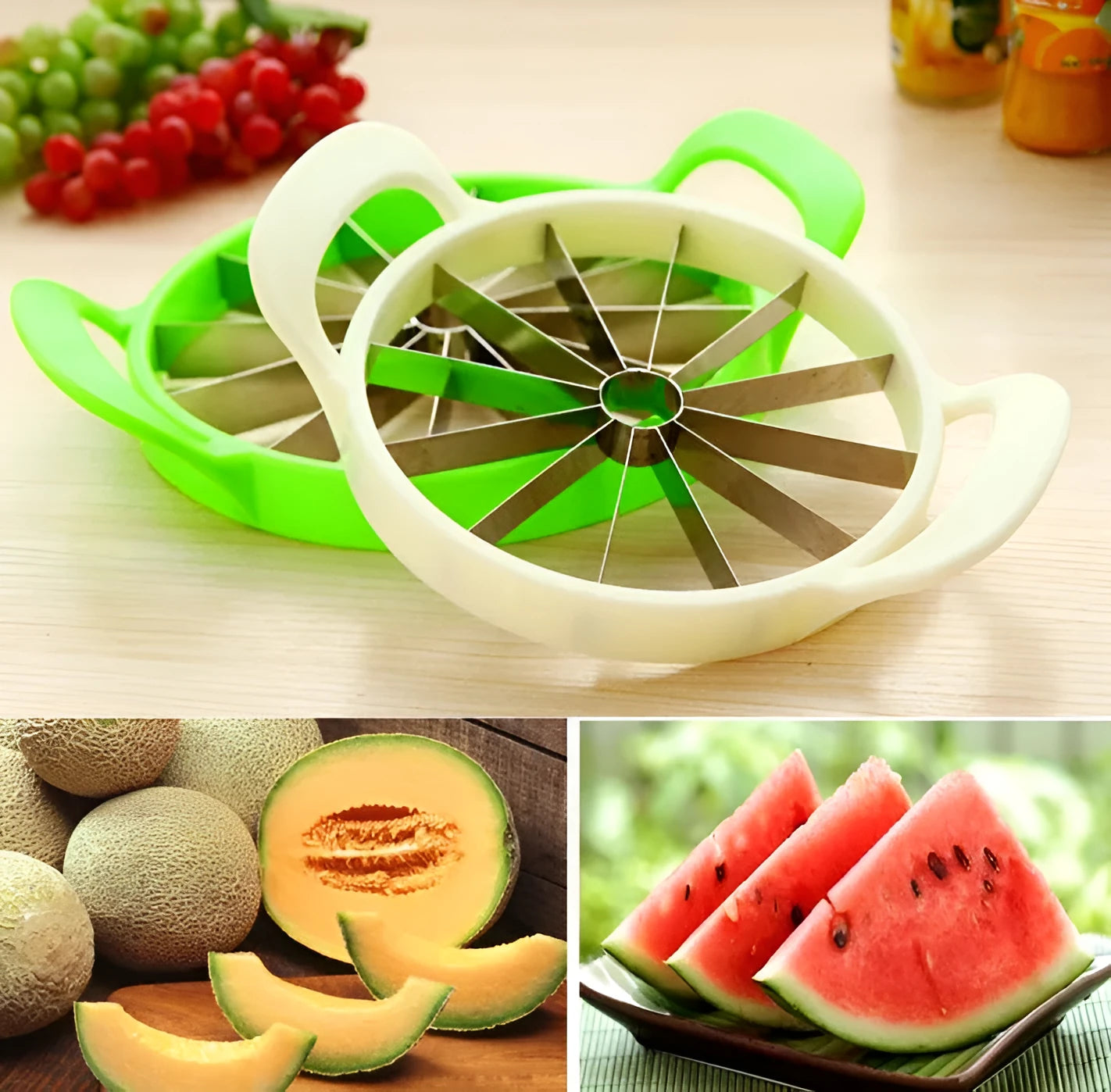 Green plastic and stainless steel melon slicer tool on a kitchen counter.