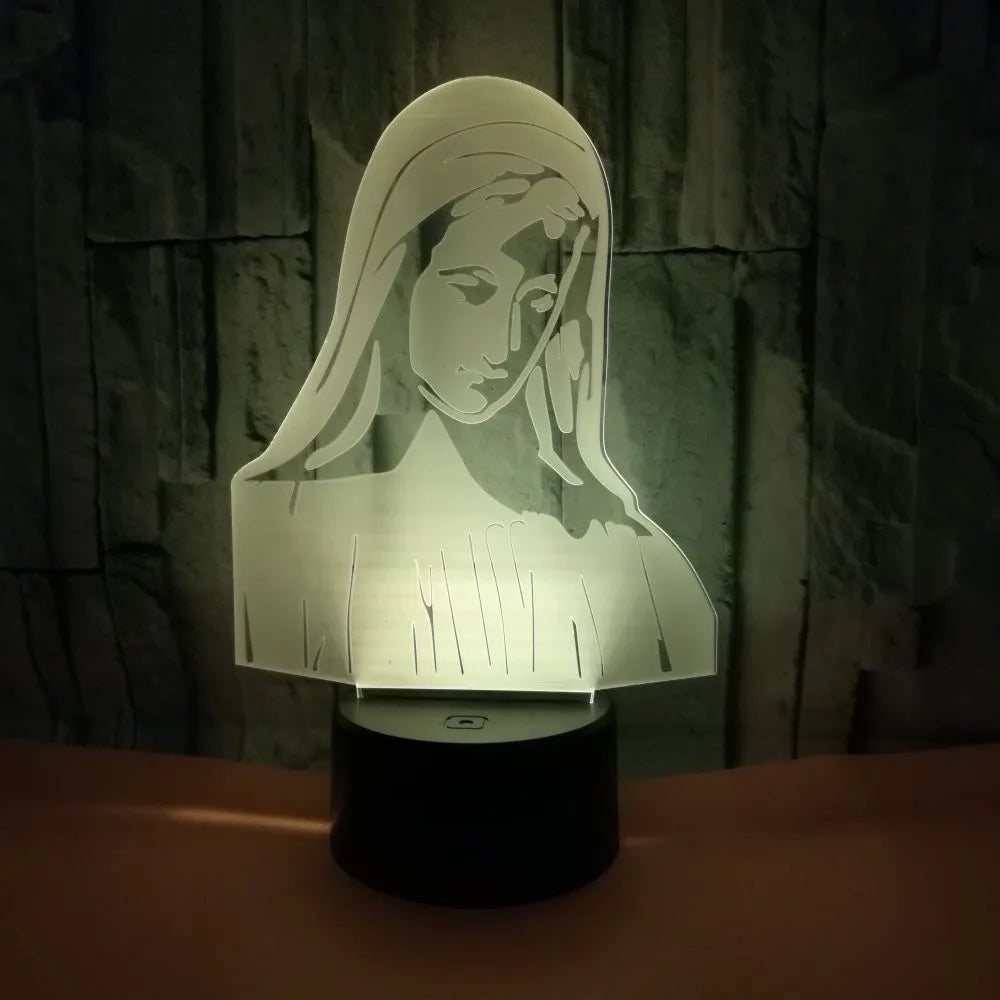 3D LED night light with colourful changing light and laser-engraved acrylic plate on an ABS base.