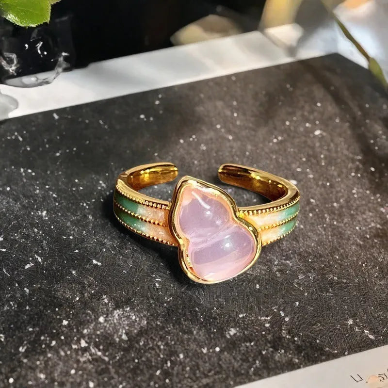 Adjustable copper ring with vintage oil-dripping gourd design, inlaid zircon stones, and flower and bow shapes in New Chinese style