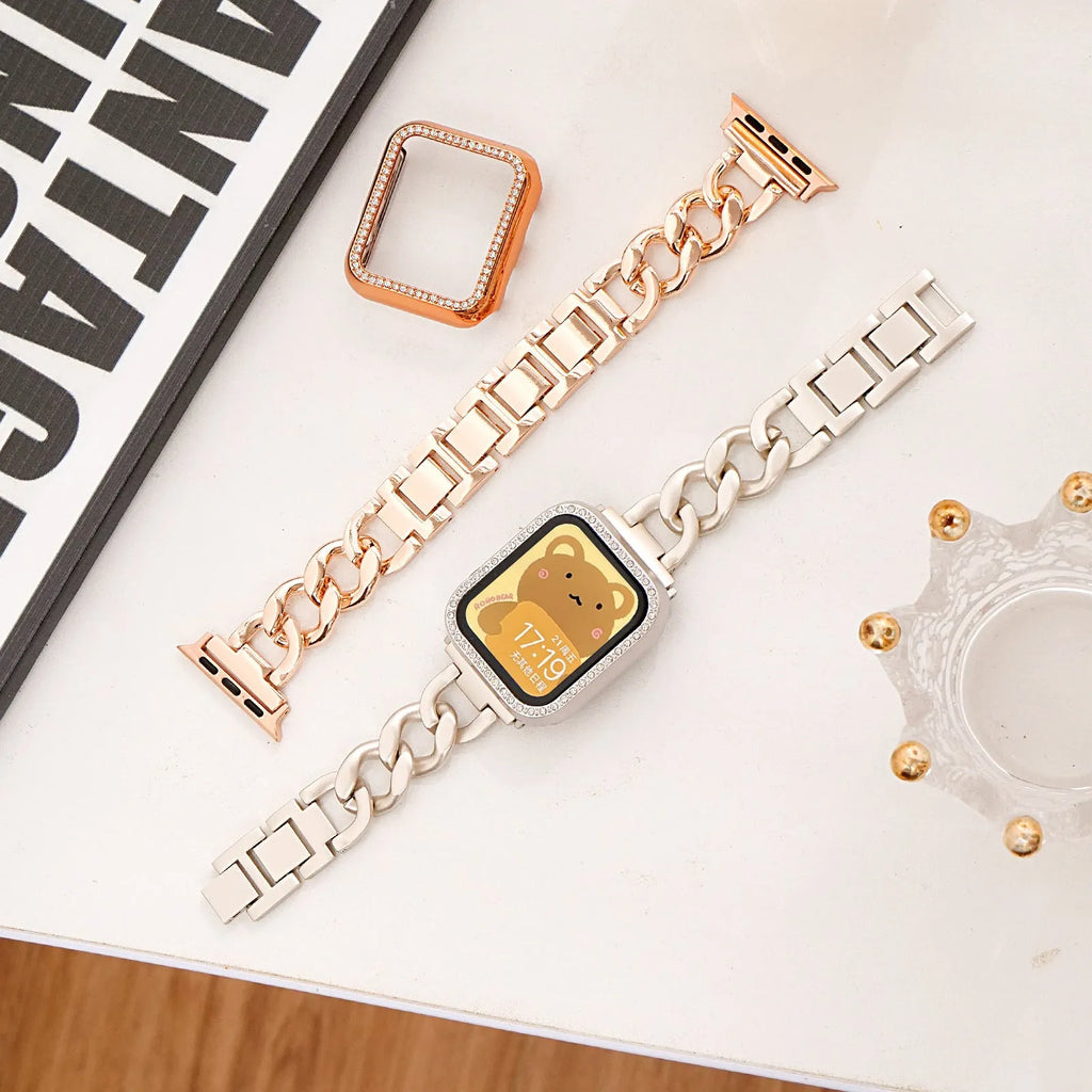 Denim chain metal Apple Watch strap in silver, black, gold, rose gold, or Starlight colour for 38-49mm cases
