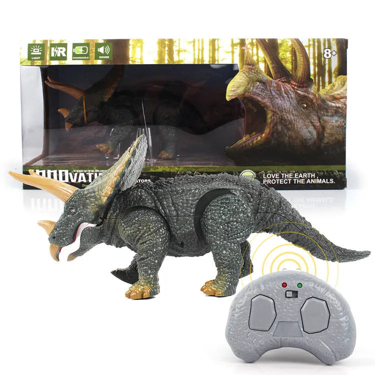 Remote control electric Triceratops dinosaur toy with remote handle and charging cable in colour box