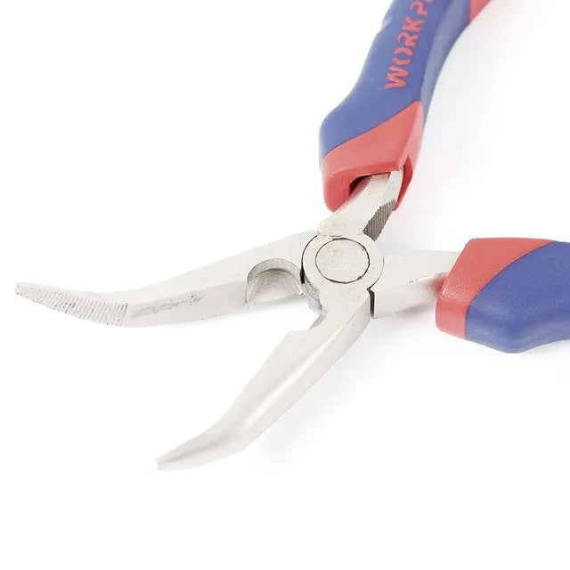 Blue handled curved nose pliers with angled tips for electronics and jewellery work