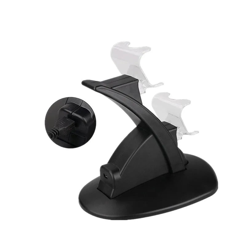 Black dual charging stand holding two Xbox One gamepad controllers.