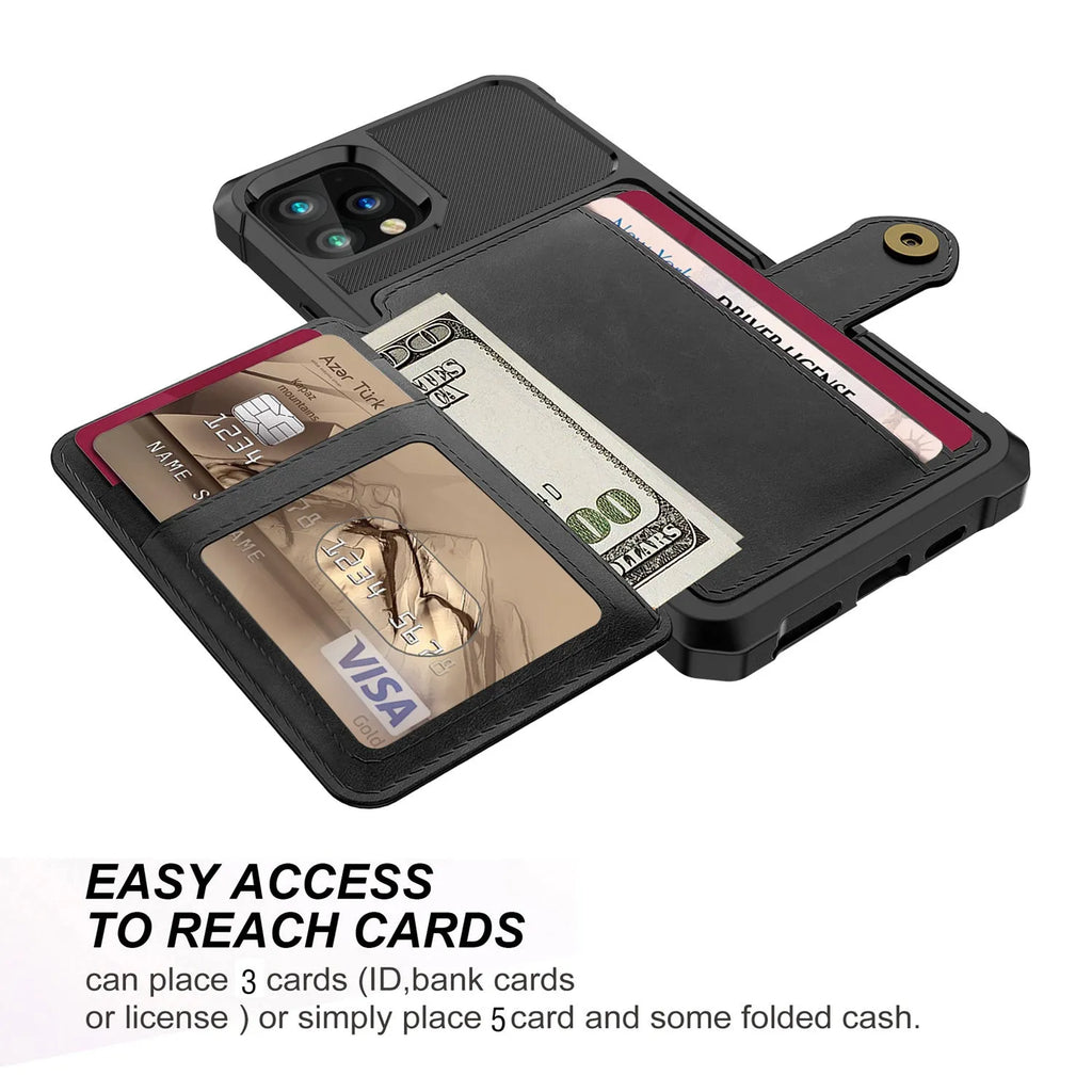 Imitation leather iPhone case with card slots in back, shown in black, blue, green, pink, and red colours.