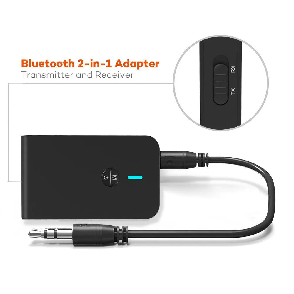 Black Bluetooth audio adapter with 3.5mm AUX connector and external power supply