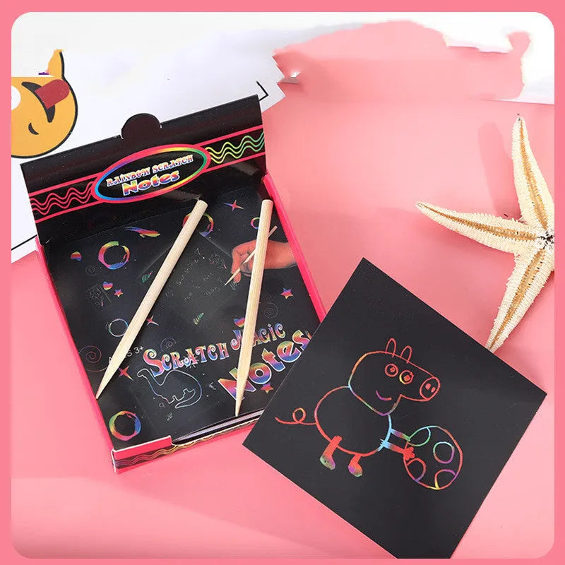 Colourful trumpet scratch painting set with 100 sheets in 8.8cm square box