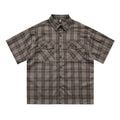 Men's black embroidered plaid short sleeve shirt with lapel collar