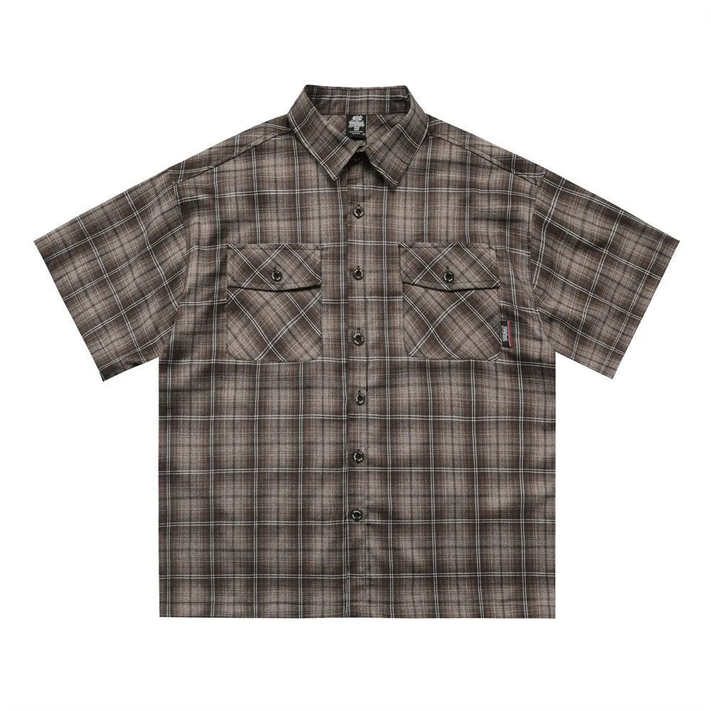 Men's black embroidered plaid short sleeve shirt with lapel collar