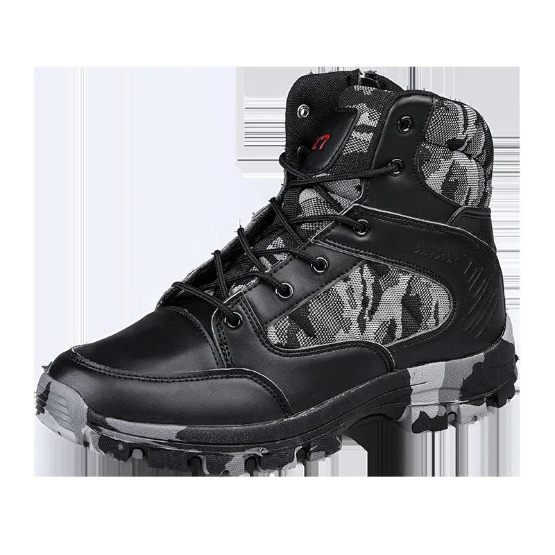 Men's black high-top hiking shoe with metal accents and PU upper on a rocky outdoor path.