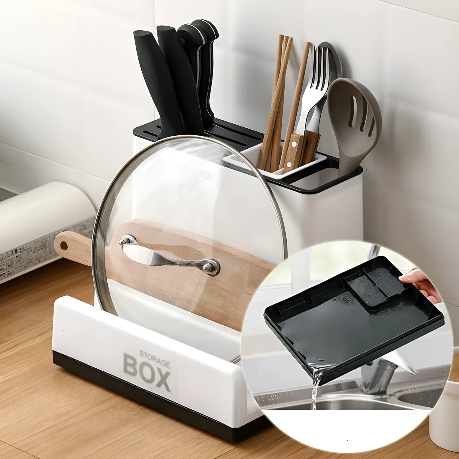 White plastic kitchen knife storage rack with integrated shelf for desktop organisation