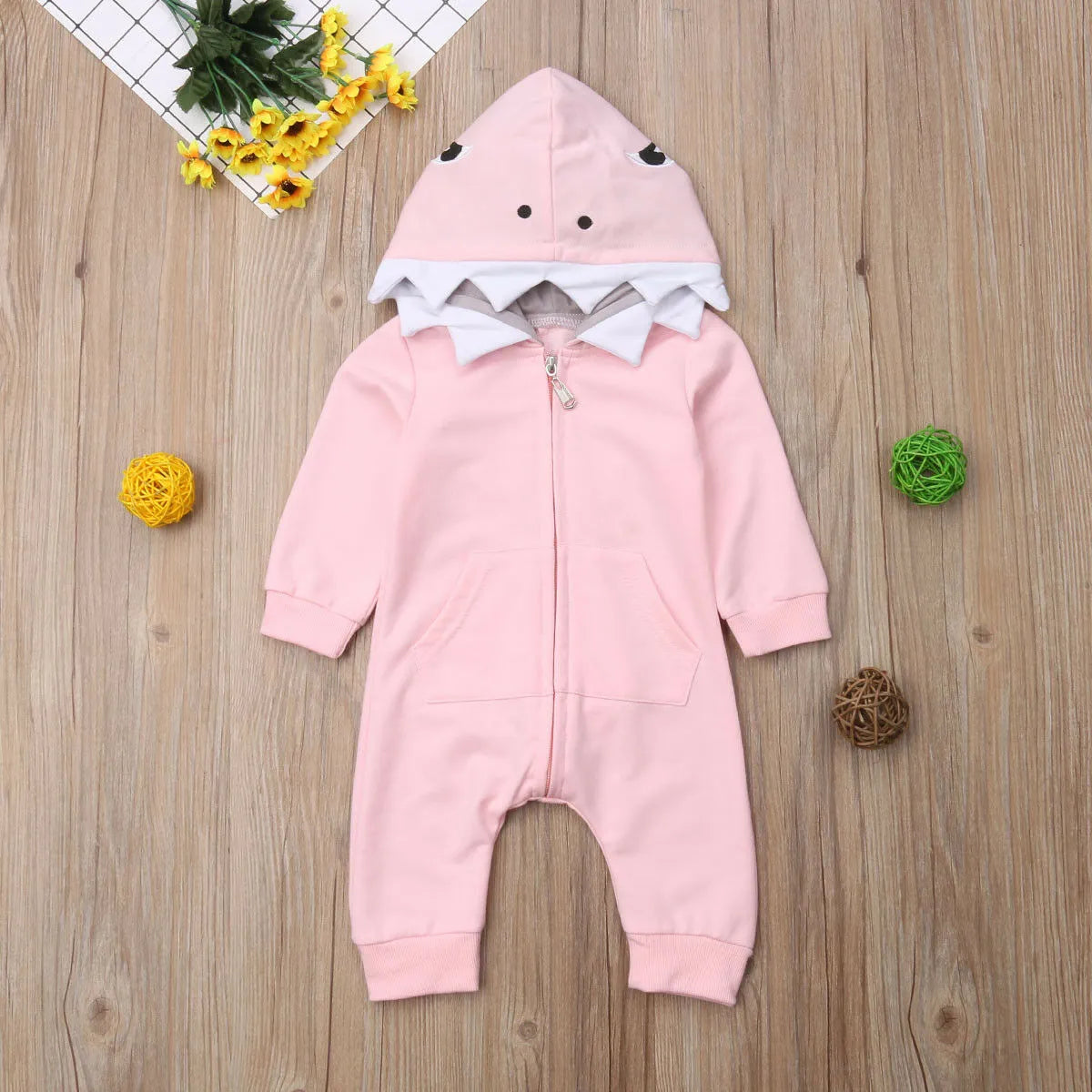 Cartoon shark hooded children's robe with long sleeves, full-length zipper, and 90% cotton fabric in gray or pink