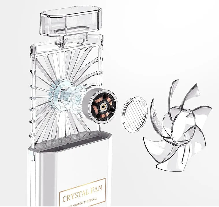 Pink perfume fan device with rechargeable battery and micro-USB charging port