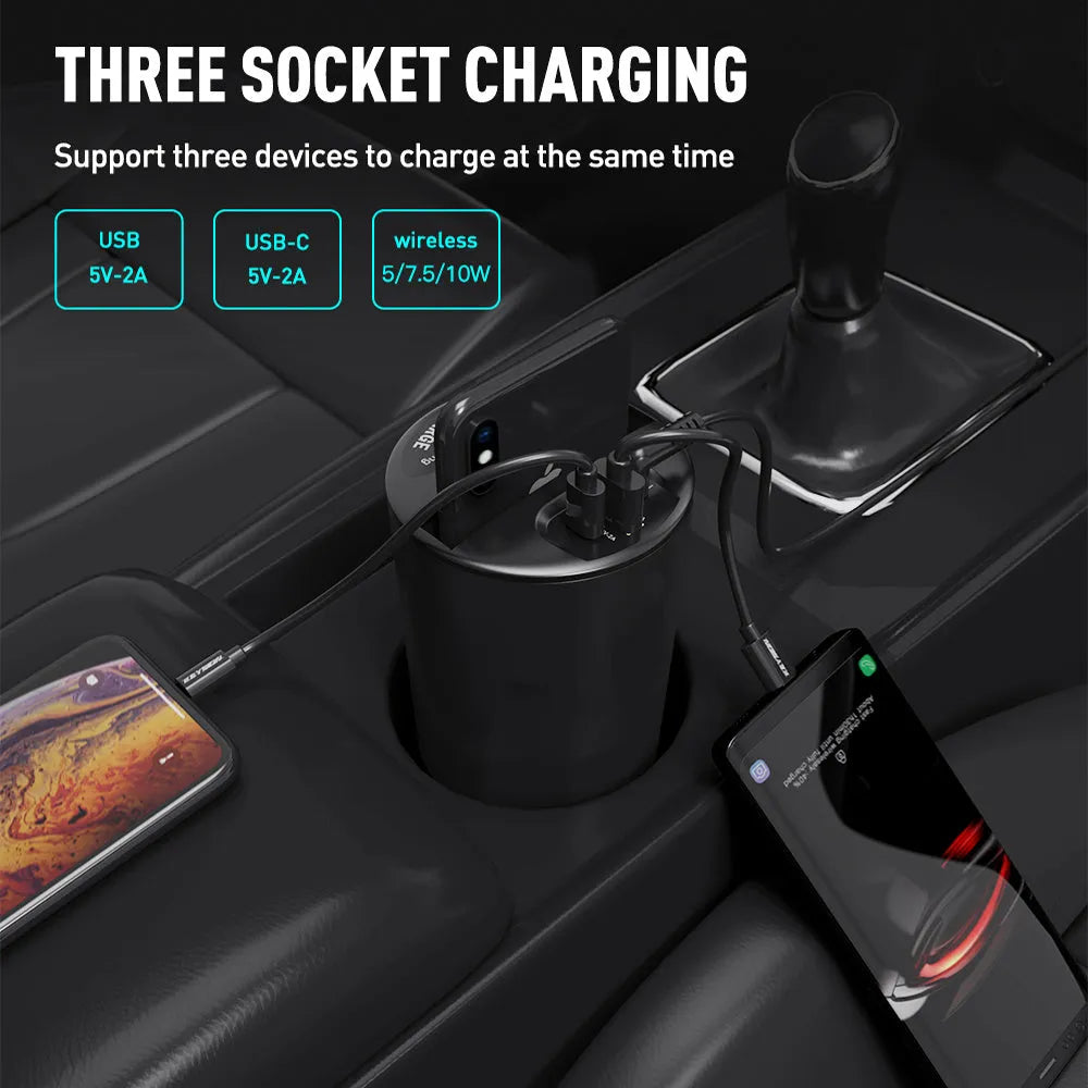 Black X9 car wireless charging cup and mount on a car dashboard with charging indicator light on.