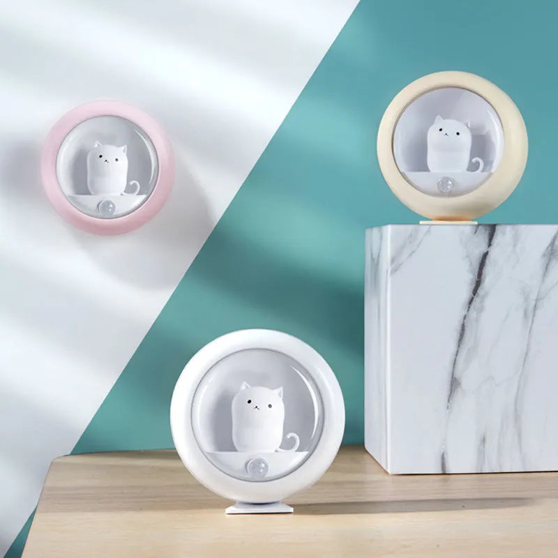 Cute cat LED night light, 79 x 79 x 33 mm, USB rechargeable, dual sensor, magnetic, lanyard, bracket, Pink White Yellow