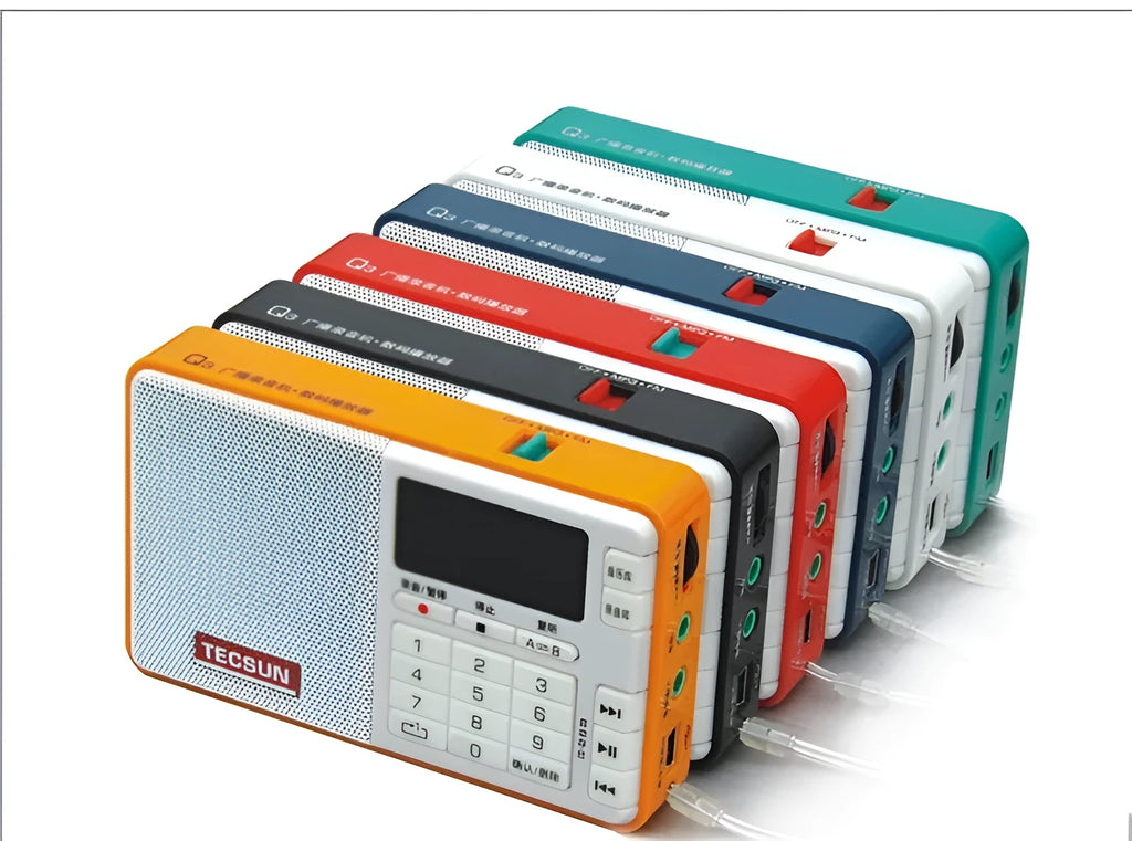 Tecsun Q3 portable digital audio player in multiple colours showing front button layout and compact size.