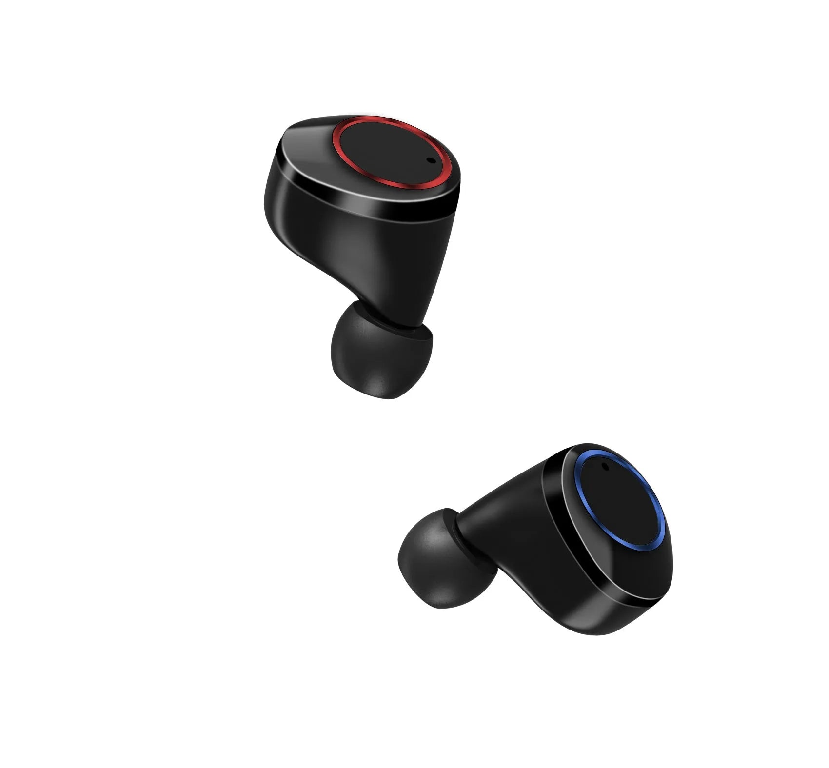 Black X11 Bluetooth wireless earbuds with charging case showing touch controls and included ear sleeves