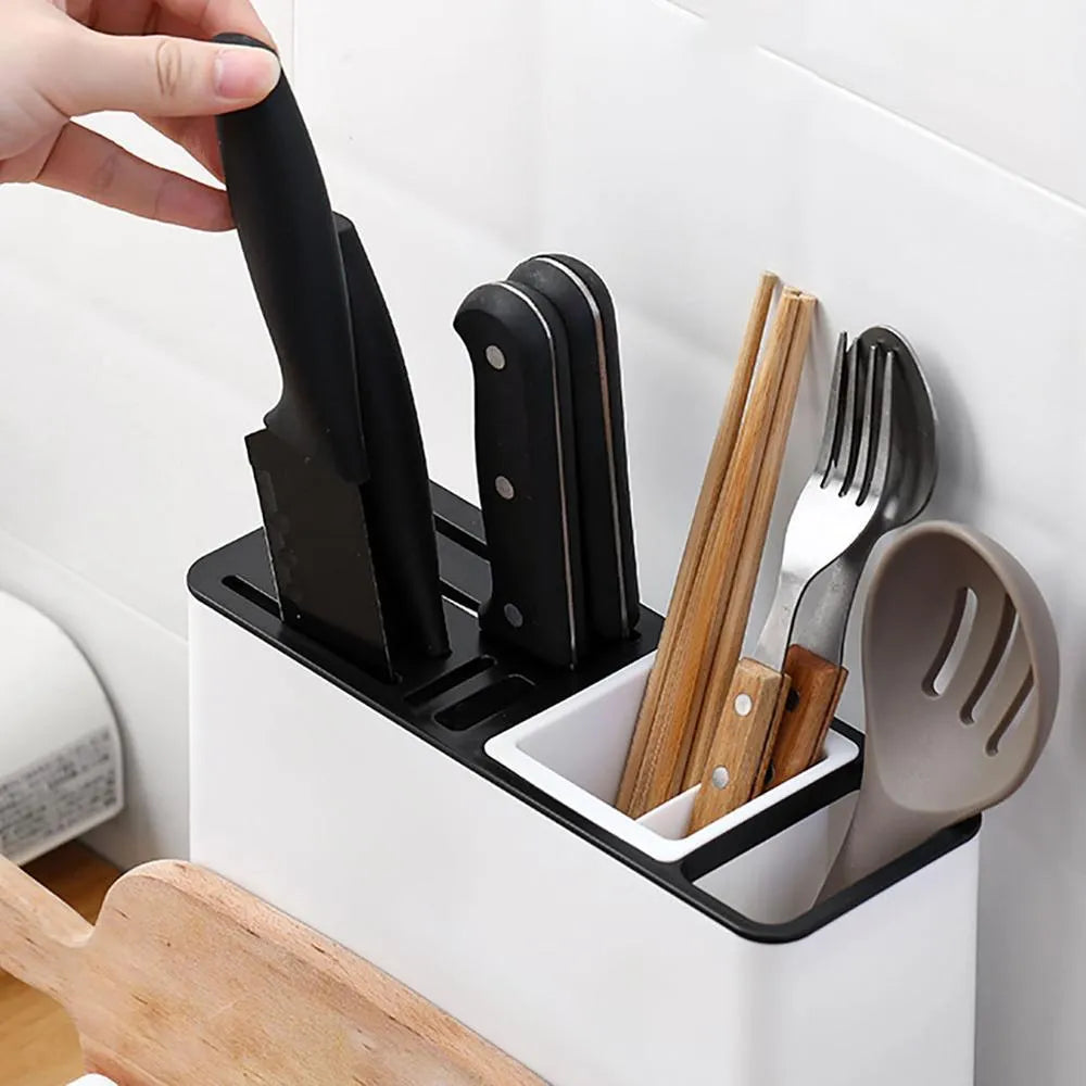 White plastic kitchen knife storage rack with integrated shelf for desktop organisation
