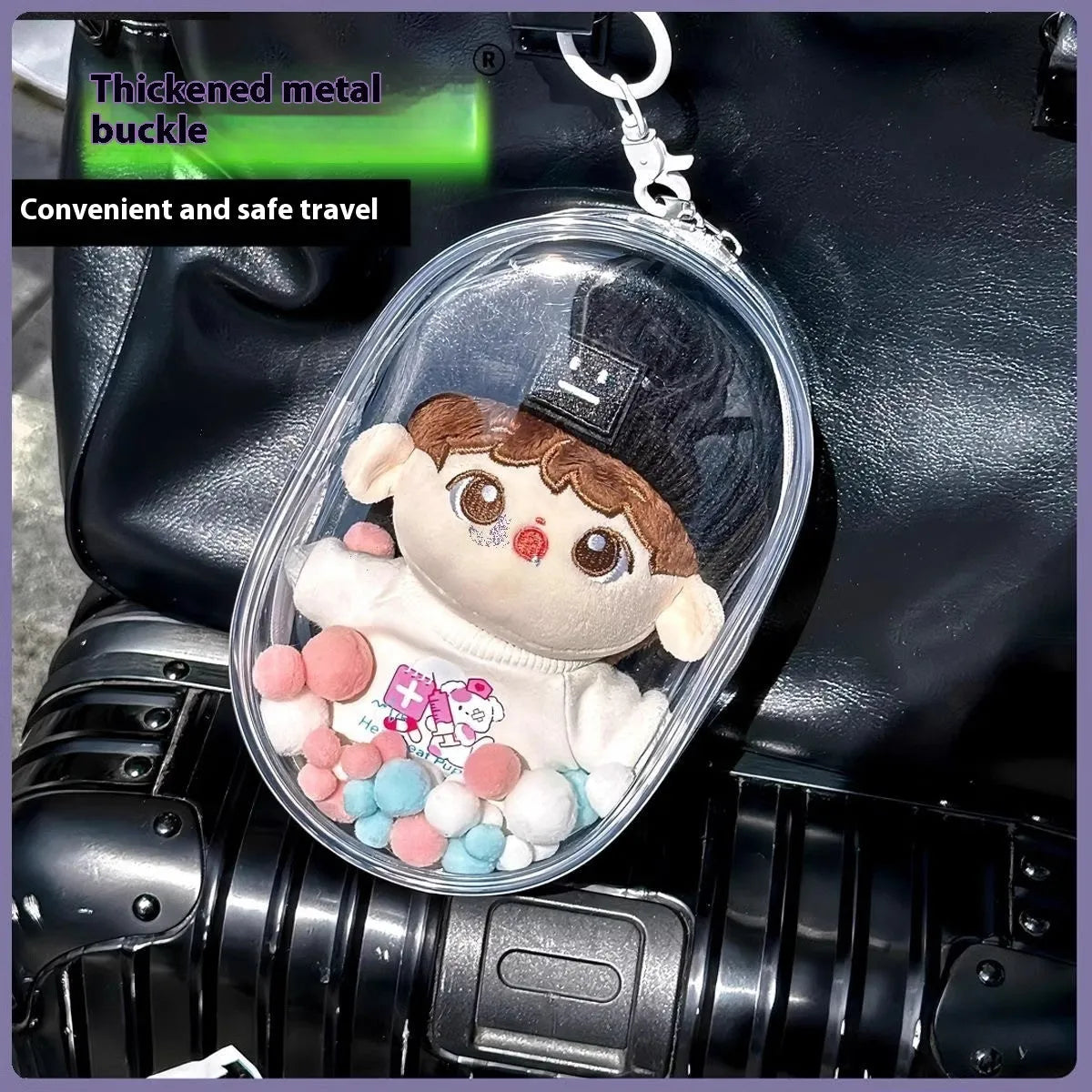 Transparent PVC cube storage bag with keychain in avocado green colour, 17cm size, containing postcards