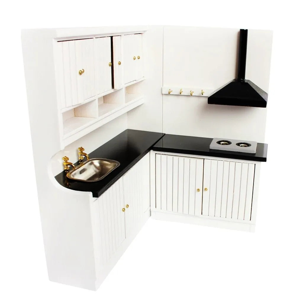 White birch dollhouse kitchen cabinets with working doors and metal handles, sink and stove cabinet set