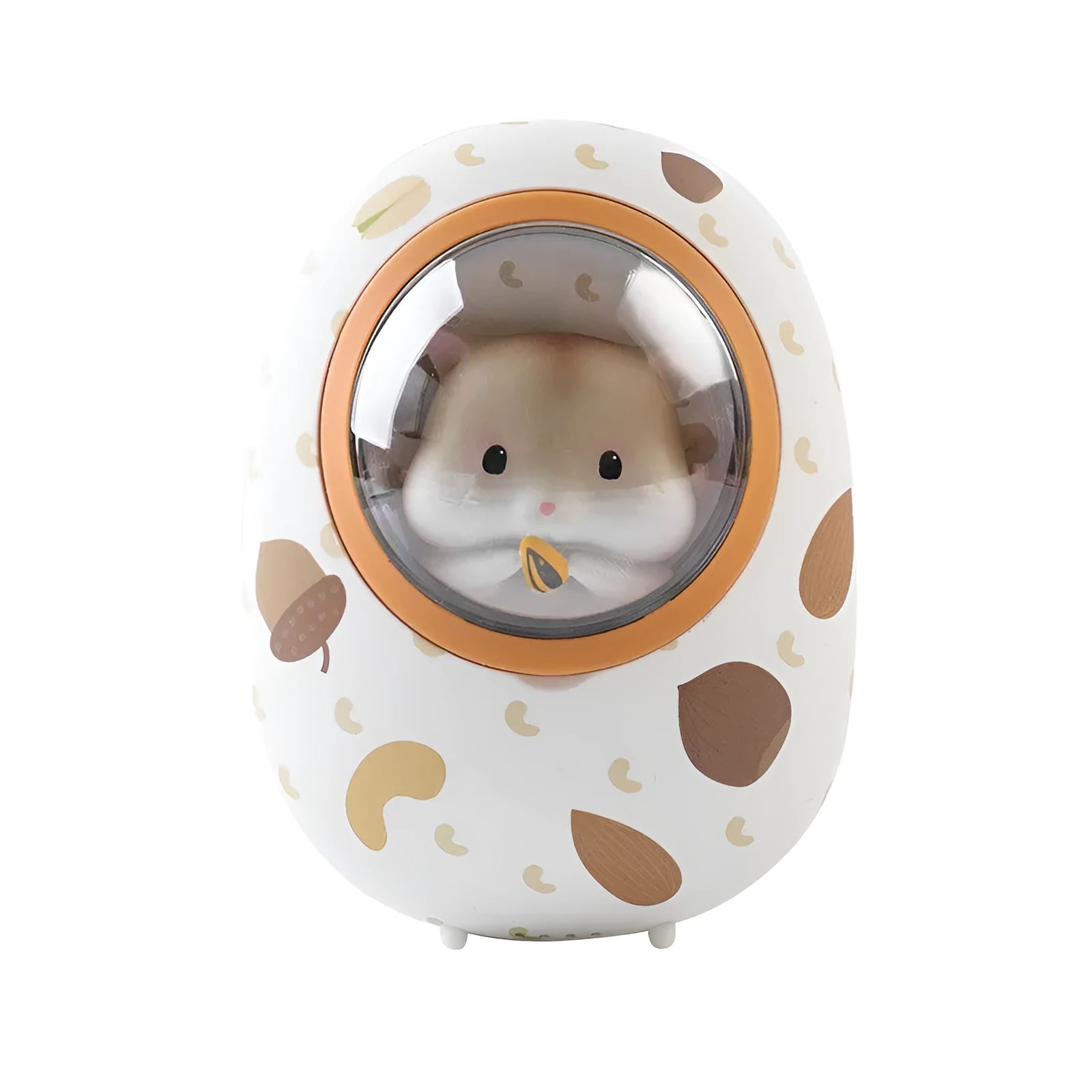 White hamster hand warmer power bank with space capsule design showing heating controls and USB ports