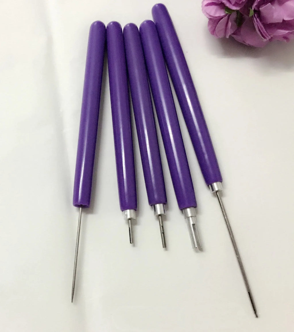 Purple five-piece quilling paper pen set with 0.3mm and 1.3mm slotted pens and a 1.1mm needle stylus.