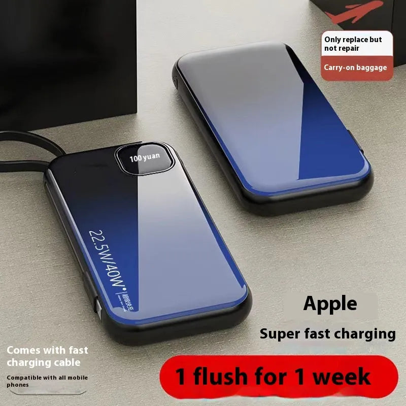 Black portable power bank with integrated charging cable, showing compact size and industrial design.