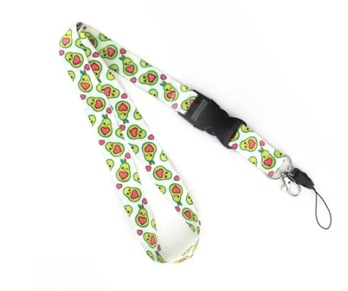 Fruit avocado cartoon print on a double-sided blue polyester lanyard with a silver metal buckle.