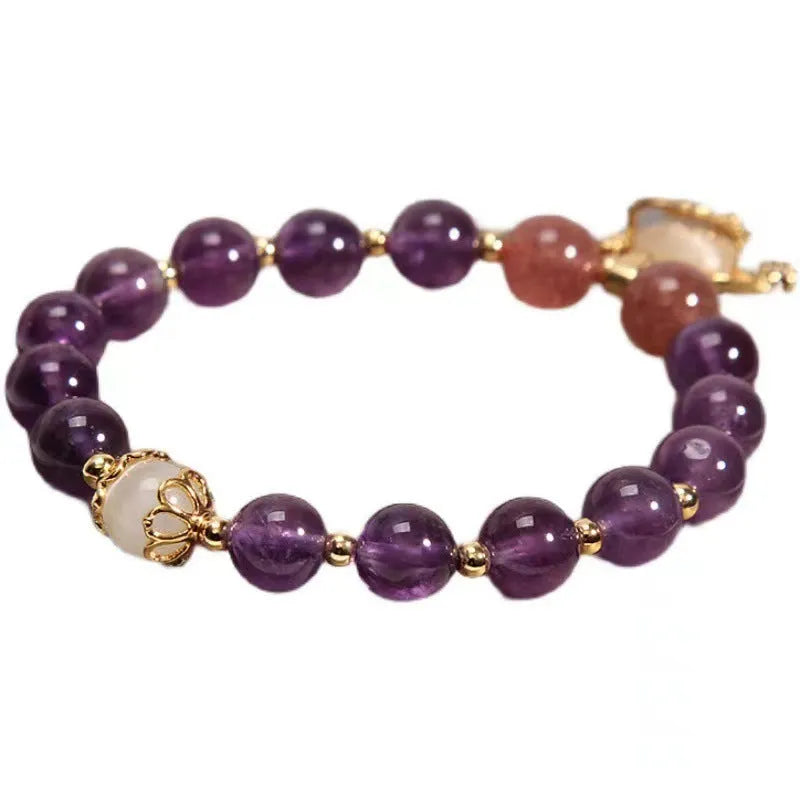 Women's longevity lock bracelet with natural amethyst crystals and gold-plated safety lock charm