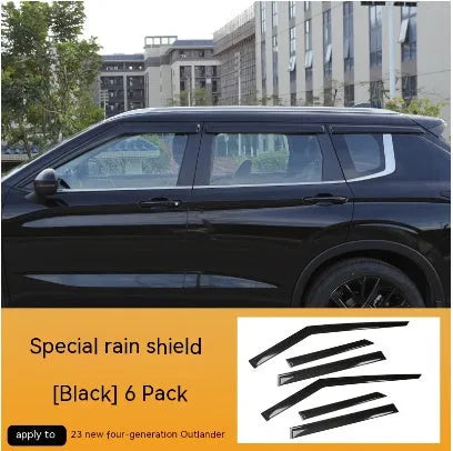 Black and translucent plastic window deflectors installed on a grey Mitsubishi Outlander SUV.
