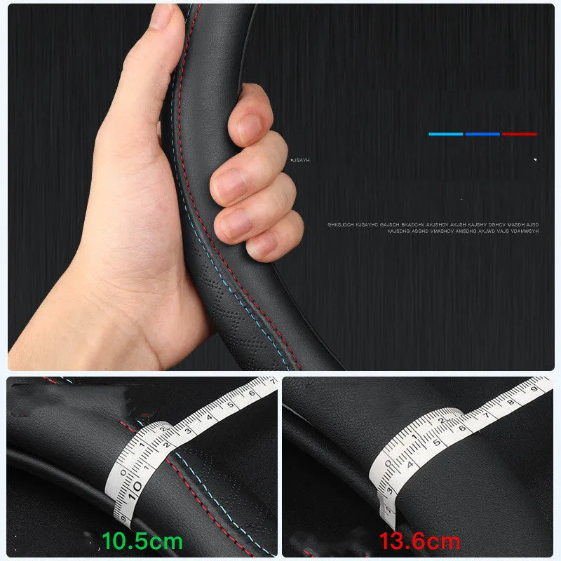 Black leather steering wheel cover with two-color stitching on Suzuki steering wheel, showing 38cm diameter and ultra-thin design