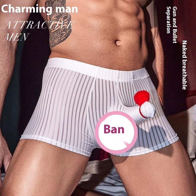 Men's striped boxer briefs in black, white, and dark grey colours showing high elasticity nylon fabric