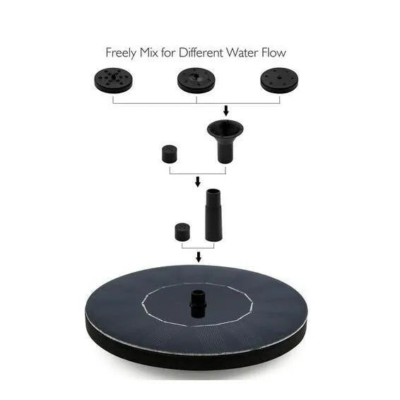 Black solar floating fountain with 4 nozzle attachments in garden pond setting