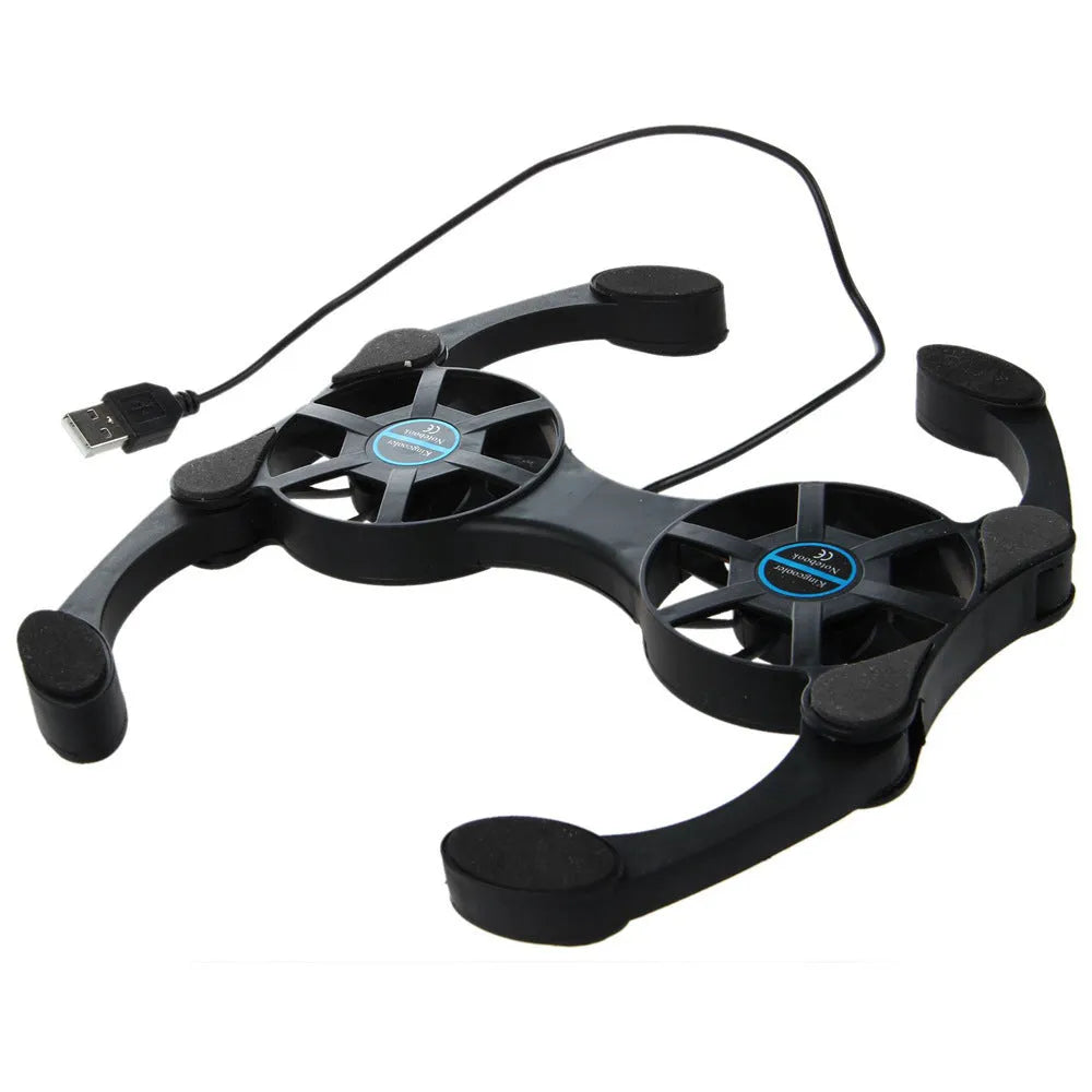 Black folding laptop cooling pad with two 70mm fans, USB powered, 32 x 14.5 x 2cm open