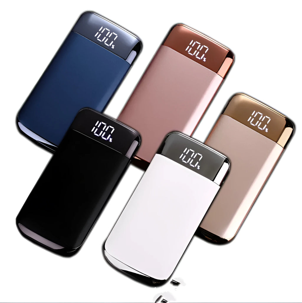 Square power bank with digital display screen showing battery percentage and multiple USB output ports