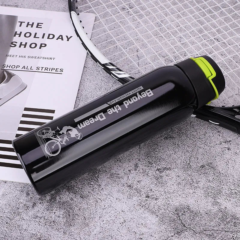 500ml insulated bike water bottle in double stainless steel, 24 x 6.6cm, shown in Black, Green, Pink, or Silver.