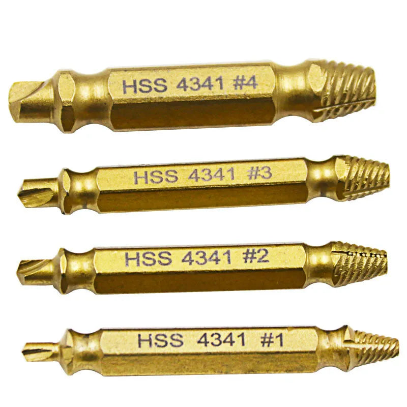 Screw extractor set with 4341 high-speed steel construction for removing damaged fasteners