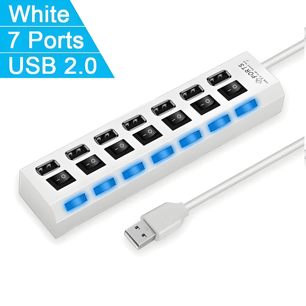 Black and white USB hub showing 4-port and 7-port options for computer connectivity
