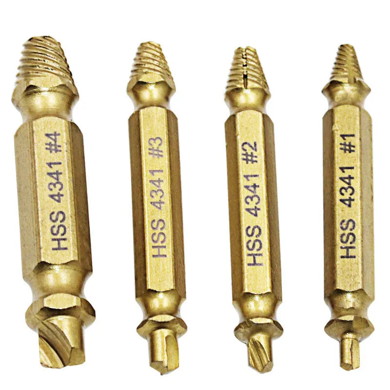 Screw extractor set with 4341 high-speed steel construction for removing damaged fasteners