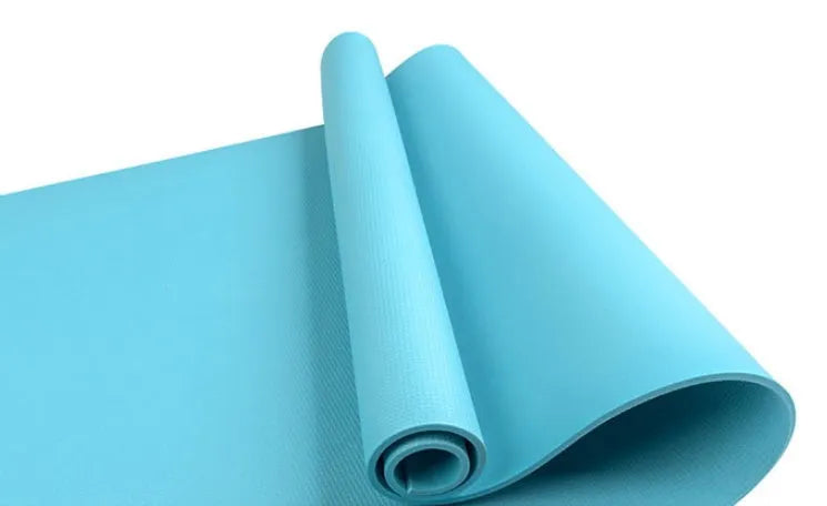 EVA yoga mat in blue with anti-skid surface, showing 173 cm length and 61 cm width dimensions