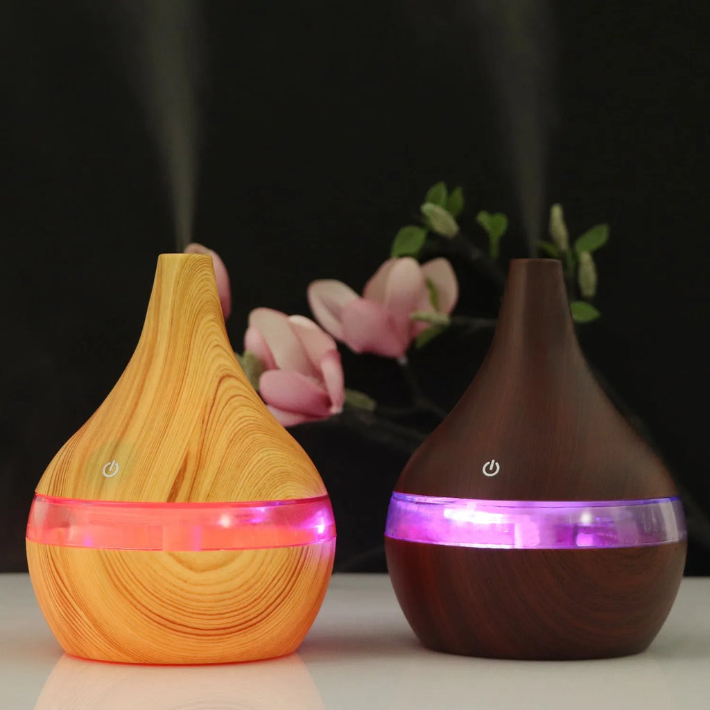 Columnar USB mini air humidifier in light wood grain finish with remote control