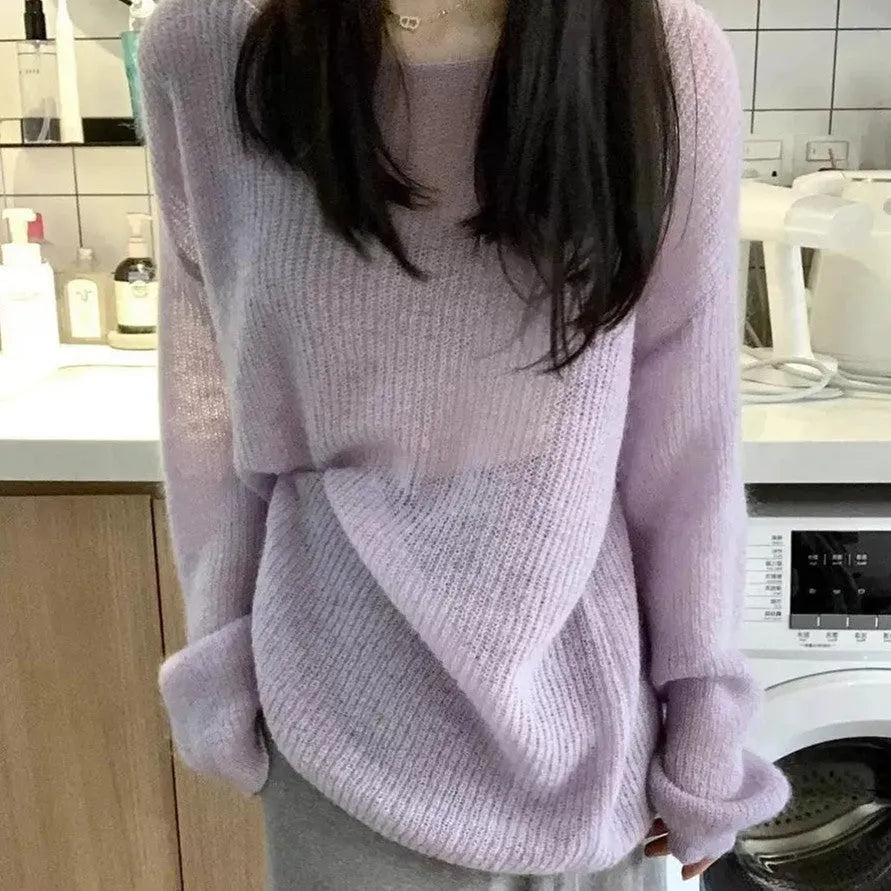 Women's round neck purple blouse with princess sleeves in Ice Silk fabric