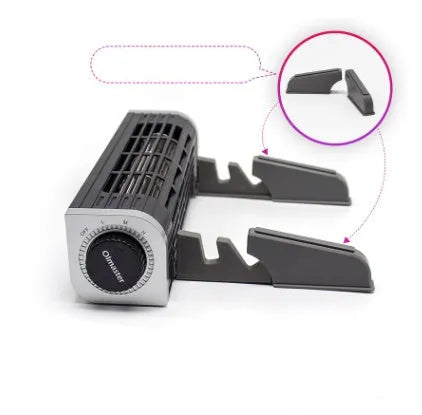 Black notebook cooler with adjustable fan for laptop temperature management, showing dimensions and USB power connection