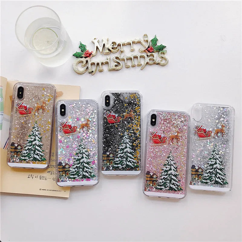 Transparent Christmas quicksand iPhone case with Santa Claus snowflake design on iPhone